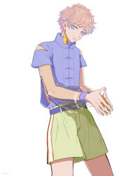 Rule 34 | 1boy, belt, blue belt, blue eyes, brown hair, chinese clothes, closed mouth, clothing cutout, fingernails, green shorts, highres, looking at viewer, male focus, original, pipopapo, see-through, see-through sleeves, shorts, shoulder cutout, simple background, smile, solo, translation request, white background