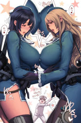 Rule 34 | 10s, 1boy, 2girls, admiral (kancolle), atago (kancolle), beret, black gloves, black hair, black legwear, blonde hair, blush, breast press, breasts, covered erect nipples, garter straps, gloves, hat, highres, huge breasts, kantai collection, large breasts, long hair, military, military uniform, multiple girls, naval uniform, oda non, open mouth, pantyhose, peaked cap, red eyes, short hair, symmetrical docking, takao (kancolle), thighhighs, translation request, uniform, yuri