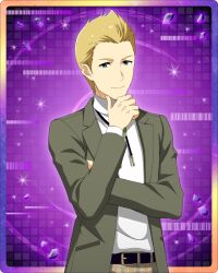 Rule 34 | 1boy, belt, blonde hair, blue eyes, fingernails, hand on own chin, idolmaster, idolmaster side-m, idolmaster side-m growing stars, ijuuin hokuto, jacket, long sleeves, looking at viewer, male focus, official alternate costume, official art, open clothes, open jacket, smile, solo, turtleneck