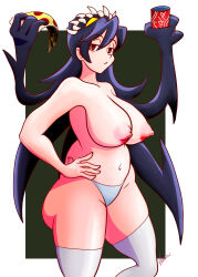 Rule 34 | absurdres, ass, blue hair, breasts, breasts out, can, colored skin, drink can, filia (skullgirls), food, futakuchi-onna, highres, huge ass, large breasts, navel, nipples, panties, pizza, pizza slice, red eyes, samson (skullgirls), sharp teeth, skullgirls, soda can, teeth, thick thighs, thighhighs, thighs, underwear, valkyriori, white skin, yellow eyes