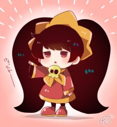 Rule 34 | :o, ashley (warioware), black hair, blush, chibi, commentary request, dress, food-themed hair ornament, full body, hair ornament, herunia kokuoji, highres, jitome, long hair, nintendo, open mouth, orange hair ornament, pantyhose, pink background, red dress, red footwear, salute, signature, simple background, skull, solo, standing, translation request, twintails, warioware