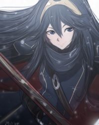 Rule 34 | 1girl, armor, artist name, blue eyes, blue hair, cape, commentary, english commentary, fire emblem, fire emblem awakening, headband, highres, long hair, lucina (fire emblem), nintendo, omiza somi, scarf, signature, simple background, smile, snowflakes, solo, sword, upper body, watermark, weapon, white background