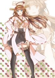 Rule 34 | 10s, 1girl, bare shoulders, blue eyes, brown hair, detached sleeves, double bun, hair bun, hairband, kantai collection, kongou (kancolle), long hair, nontraditional miko, ribbon-trimmed sleeves, ribbon trim, solo, wosero, zoom layer