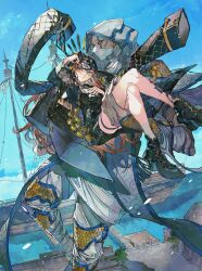 Rule 34 | 1boy, 1girl, absurdres, ankle boots, assassin (fate/samurai remnant), bandaged arm, bandaged leg, bandaged neck, bandages, blue sky, boat, boots, brown hair, carrying, coat, coat on shoulders, crossed legs, dock, dorothea coyett, facial mark, fate/samurai remnant, fate (series), hat tassel, highres, hollowed headwear, horizon, large hat, leg tattoo, mask, mouth mask, mura karuki, princess carry, sailing ship, ship, sky, tattoo, thigh strap, water, watercraft, white mask, wide brim, yellow eyes