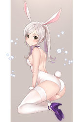 Rule 34 | 1girl, animal ears, ass, blush, breasts, brown eyes, detached collar, fake animal ears, fake tail, fire emblem, fire emblem awakening, from side, full body, fur cuffs, haru (nakajou-28), high heels, highres, kneeling, leotard, long hair, looking at viewer, looking back, medium breasts, nintendo, parted lips, purple footwear, rabbit ears, rabbit tail, robin (female) (fire emblem), robin (fire emblem), simple background, solo, tail, thighhighs, thighs, twintails, white background, white hair, white leotard, white thighhighs, wrist cuffs