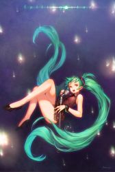 Rule 34 | 1girl, artist name, bad id, bad pixiv id, floating hair, green hair, hatsune miku, high heels, highres, legs, crossed legs, long hair, microphone, microphone stand, morry, music, necktie, open mouth, singing, skirt, solo, twintails, very long hair, vocaloid, wrist cuffs