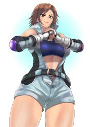 Rule 34 | 1girl, absurdres, anagumasan, belt, blue tank top, breasts, brown eyes, brown hair, commission, cracking knuckles, cropped legs, determined, elbow pads, eyebrows, fingerless gloves, gloves, highres, jacket, kazama asuka, large breasts, lips, namco, sleeveless, sleeveless jacket, smile, tank top, tekken, thighs, tomboy, zipper