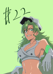 Rule 34 | 1girl, absurdres, bleach, bleach: sennen kessen-hen, breasts, candice catnipp, cleavage, elbow gloves, female focus, gloves, green eyes, green hair, grin, hat, highres, large breasts, long hair, looking at viewer, matching hair/eyes, midriff, navel, peaked cap, revealing clothes, sideboob, smile, solo, white gloves