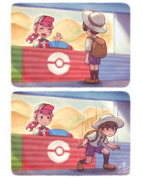 Rule 34 | 1boy, 1girl, 2koma, :d, absurdres, artist name, backpack, bag, black socks, blush stickers, brown bag, brown footwear, brown hair, closed eyes, closed mouth, collared shirt, comic, commentary, creatures (company), english commentary, florian (pokemon), game freak, gameplay mechanics, grey headwear, grey shirt, hand up, happy, hat, highres, joy (pokemon), long hair, looking at another, meme, motion lines, necktie, nintendo, open mouth, pink hair, poke ball symbol, pokemon, pokemon center, pokemon sv, purple necktie, purple shorts, ry-spirit, school bag, school uniform, shirt, shoes, short hair, shorts, signature, smile, socks, squatting, standing, sweatdrop, uva academy school uniform, waving