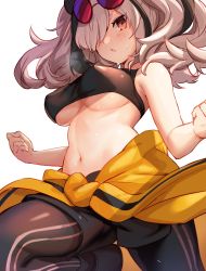 Rule 34 | 1girl, arknights, black hair, breasts, brown eyes, clenched hands, clothes around waist, commentary request, crop top, eyewear on head, feater (arknights), feater (dojo star) (arknights), hair over one eye, highres, jacket, jacket around waist, large breasts, long hair, looking at viewer, midriff, multicolored hair, navel, official alternate costume, pantyhose, parted lips, silver hair, solo, spica (spica 1510), sports bra, stomach, streaked hair, sunglasses, sweat, underboob, yellow jacket