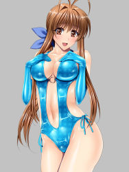 Rule 34 | 00s, 1girl, bad id, bad pixiv id, bare shoulders, brown eyes, brown hair, casual one-piece swimsuit, center opening, clannad, elbow gloves, furukawa sanae, gloves, highres, long hair, looking at viewer, mature female, navel, o-ring, o-ring swimsuit, one-piece swimsuit, sen (sansui), shiny clothes, solo, swimsuit
