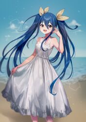 1girl absurdres aged_down bare_shoulders beach blue_hair blue_sky brown_eyes dizzy_(guilty_gear) dress feet_out_of_frame guilty_gear hair_between_eyes hair_ribbon highres long_hair looking_at_viewer open_mouth outdoors ribbon shore sky solo twintails very_long_hair white_dress yasaikakiage yellow_ribbon