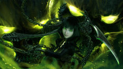 Rule 34 | 10s, 1girl, black hair, black rock shooter, chain, dark background, dead master, fire, glowing, glowing eyes, green eyes, green fire, highres, horns, looking at viewer, md5 mismatch, realistic, resized, scythe, smile, solo, upper body, wen jr