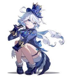 Rule 34 | 1girl, absurdres, ahoge, ascot, asymmetrical gloves, bare legs, black gloves, blue ascot, blue bow, blue footwear, blue hair, blue hat, blue jacket, bow, brooch, commentary request, footwear bow, frilled socks, frills, full body, furina (genshin impact), genshin impact, gloves, hair between eyes, hat, heterochromia, high heels, highres, hisuinagare, jacket, jewelry, kodona, lolita fashion, long hair, long sleeves, looking at viewer, mismatched gloves, multicolored hair, open clothes, open jacket, parted lips, shirt, shorts, simple background, socks, solo, squatting, thigh strap, top hat, white background, white gloves, white hair, white shirt, white shorts, white socks