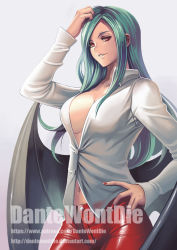 Rule 34 | 1girl, alternate costume, artist name, bat wings, breasts, buttons, capcom, casual, cleavage, collarbone, collared shirt, contrapposto, cowboy shot, dantewontdie, dress shirt, green hair, grin, hand in own hair, hand on own hip, large breasts, leather, leather pants, long hair, long sleeves, looking at viewer, low wings, morrigan aensland, nail polish, navel, no bra, open clothes, open shirt, pants, parted lips, pink eyes, red eyes, red nails, red pants, shirt, sidelocks, smile, solo, standing, teeth, tsurime, unbuttoned, vampire (game), very long hair, watermark, web address, wings