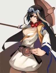 Rule 34 | 1girl, absurdres, balance (superdust), bead necklace, beads, black hair, bra, breasts, brown eyes, brown headwear, chin strap, cleavage, commentary request, cowboy shot, fate/grand order, fate (series), grey background, headpiece, highres, japanese clothes, jewelry, kimono, large breasts, long hair, long sleeves, necklace, open clothes, open kimono, parted lips, simple background, solo, underwear, white bra, white kimono, xuangzang sanzang (fate)