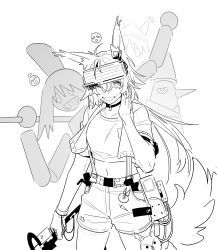 Rule 34 | 1girl, animal ears, arknights, ashlock (arknights), crop top, fartooth (arknights), flametail (arknights), flametail (sport for all) (arknights), gloves, greyscale, grin, head-mounted display, highres, holding, holding sword, holding weapon, midriff, monochrome, navel, one eye closed, shorts, single glove, smile, smiley face, squirrel ears, squirrel tail, sword, tail, tastybab, weapon, wild mane (arknights)