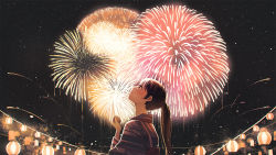 Rule 34 | 1girl, black hair, clenched hand, closed mouth, commentary request, craft-cs, facing to the side, fireworks, from side, hand up, japanese clothes, kimono, lantern, long hair, looking up, night, original, outdoors, paper lantern, profile, scenery, sky, smile, solo, star (sky), starry sky, summer festival, yukata