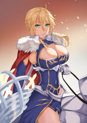 Rule 34 | 1girl, absurdres, ahoge, artoria pendragon (fate), artoria pendragon (lancer) (fate), bare shoulders, blonde hair, blue gloves, blue leotard, braid, breasts, cape, cleavage, cleavage cutout, clothing cutout, elbow gloves, fate/grand order, fate (series), freed turing, french braid, fur-trimmed cape, fur trim, gloves, green eyes, hair between eyes, heattech leotard, highleg, highleg leotard, highres, horse, lance, large breasts, leotard, long hair, looking at viewer, polearm, red cape, rhongomyniad (fate), sidelocks, smile, thighs, weapon