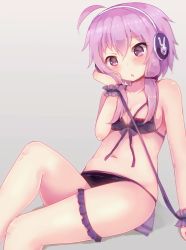 Rule 34 | 1girl, :o, @ @, ahoge, animal print, bare shoulders, black bra, black panties, black ribbon, blush, bra, breasts, cleavage, collarbone, eyebrows, grey background, headphones, knee up, long hair, low twintails, navel, open mouth, panties, pink hair, purple eyes, rabbit print, renoa yu, ribbon, short hair with long locks, simple background, sitting, small breasts, solo, stomach, tareme, thigh strap, thighs, twintails, underwear, underwear only, vocaloid, voiceroid, wrist cuffs, yuzuki yukari
