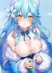Rule 34 | 1girl, :o, absurdres, alcohol, beret, blue bow, blue hair, blue jacket, bottle, bow, breasts, bust cup, cleavage, cleavage cutout, clothing cutout, elf, eyebrows hidden by hair, from above, fur trim, hat, highres, holding, holding bottle, hololive, jacket, large breasts, lds (dstwins97), long hair, looking up, off-shoulder jacket, off shoulder, pointy ears, sake, sake bottle, solo, virtual youtuber, white hat, yellow eyes, yukihana lamy