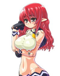 Rule 34 | 10s, 1girl, bad id, bad pixiv id, breasts, busou shinki, dd (ijigendd), doll joints, gloves, joints, large breasts, long hair, midriff, navel, pointy ears, red hair, solo, vespelio