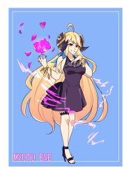 Rule 34 | ahoge, alternate eye color, aura, bare arms, bare legs, bare shoulders, blonde hair, blue background, bracelet, breasts, corrupted, corruption, cygames, dark persona, dragalia lost, dress, evil smile, floating, floating object, flower, hair ribbon, hand on own chest, high heels, highres, jewelry, long hair, magic, morsayati, myuto eve, nintendo, official alternate costume, possessed, possession, ribbon, slit pupils, smile, solo, thigh strap, yellow eyes, zethia