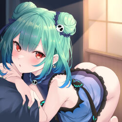 Rule 34 | 1girl, ass, blue hair, blush, bow, breasts, butterfly-shaped pupils, double bun, dress, earrings, green hair, green nails, hair bun, hair ornament, hair ribbon, hololive, jewelry, kurono yuzuko, looking at viewer, medium hair, multicolored hair, parted lips, red eyes, ribbon, short hair, skull hair ornament, small breasts, solo, symbol-shaped pupils, uruha rushia, uruha rushia (1st costume), virtual youtuber