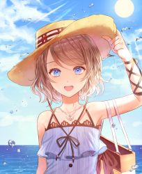 Rule 34 | 10s, 1girl, :d, anchor, anchor necklace, bag, bird, blue eyes, brown hair, hand on headwear, handbag, hat, highres, jewelry, kim eb, looking at viewer, love live!, love live! school idol festival, love live! sunshine!!, necklace, ocean, open mouth, ribbon, seagull, short hair, sleeveless, smile, solo, straw hat, sun, sunlight, swept bangs, upper body, watanabe you, water drop, wrist ribbon