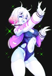 Rule 34 | 1girl, ;d, absurdres, arm up, black background, blue eyes, breasts, clothes writing, colored skin, gradient hair, hand up, highres, jacket, long sleeves, looking at viewer, medium breasts, monster girl, multicolored hair, one eye closed, open clothes, open jacket, open mouth, original, pink hair, purple jacket, scleriteaeaeaggadah, short hair, slugbox, smile, solo, sparkle background, teeth, thighhighs, white hair, white skin, white thighhighs