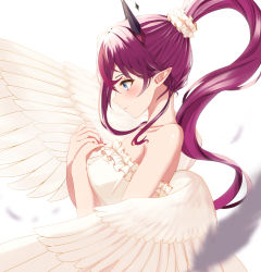 Rule 34 | 1girl, bare shoulders, blouse, blurry, blurry foreground, blush, breasts, collarbone, demon horns, feathered wings, feathers, from side, hair ornament, hair scrunchie, highres, hololive, hololive english, horns, irys (hololive), long hair, looking to the side, medium breasts, nail polish, pointy ears, ponytail, red hair, saito (pigrank), scrunchie, shirt, simple background, solo, strapless, upper body, very long hair, virtual youtuber, white background, wings