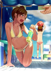 Rule 34 | 10s, 2girls, arm support, arms up, ball, beachball, bikini, bottle, brown eyes, brown hair, face, front-tie top, futami ami, futami mami, idolmaster, idolmaster (classic), idolmaster 2, long hair, multiple girls, open mouth, out of frame, pettan p, shorts, siblings, side ponytail, sisters, swimsuit, takatsuki yayoi, twins, wet