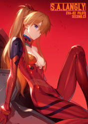 Rule 34 | 1girl, blue eyes, bodysuit, breasts, brown hair, character name, cockpit, commentary request, convenient censoring, from side, gradient background, hair over breasts, hair over one breast, hair over one eye, highres, knee up, long hair, looking at viewer, looking to the side, neon genesis evangelion, one breast out, plugsuit, red background, red bodysuit, sideways glance, siino, single bare shoulder, sitting, skin tight, small breasts, solo, souryuu asuka langley, torn bodysuit, torn clothes, two side up, very long hair