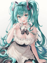 Rule 34 | 1girl, alternate costume, apron, aqua eyes, aqua hair, aqua nails, blush, breasts, hair ornament, hatsune miku, highres, long hair, looking at viewer, mole, mole on breast, myless, nail polish, open mouth, ribbon, simple background, smile, solo, twintails, very long hair, vocaloid, white background