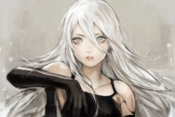 Rule 34 | 1girl, bare shoulders, black gloves, collarbone, elbow gloves, gloves, long hair, looking at viewer, mole, mole under mouth, nier (series), nier:automata, parted lips, pink lips, simple background, solo, tank top, viorie, white background, white eyes, white hair, a2 (nier:automata)