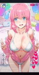 Rule 34 | 1girl, @ @, bare shoulders, bikini, blue eyes, blush, bocchi the rock!, breasts, chat log, cleavage, collarbone, cube hair ornament, double v, gotoh hitori, hair between eyes, hair ornament, hews, highres, jacket, large breasts, livestream, long hair, mole, mole under eye, off shoulder, one side up, open mouth, pink hair, pink jacket, solo, spot color, swimsuit, thighs, track jacket, trembling, v, white bikini, yamada ryo