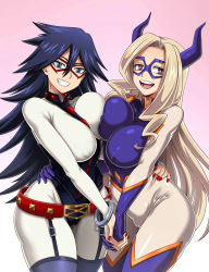 Rule 34 | 2girls, black hair, blonde hair, blue eyes, bodysuit, boku no hero academia, breast press, breasts, cuffs, dominatrix, domino mask, fake horns, garter straps, handcuffs, highres, horns, midnight (boku no hero academia), large breasts, long hair, mask, midnight (boku no hero academia), mount lady, multiple girls, nail polish, open mouth, purple eyes, sano br, smile, spiked hair, take your pick, teeth