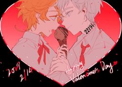 Rule 34 | 1boy, 1girl, biting, black background, blue eyes, colored skin, dated, emma (yakusoku no neverland), english text, eye contact, food, green eyes, happy valentine, heart, ice cream, long sleeves, looking at another, m omoo, neck tattoo, necktie, norman (yakusoku no neverland), number tattoo, open mouth, orange hair, shirt, short hair, simple background, smile, tattoo, white hair, white shirt, white skin, yakusoku no neverland
