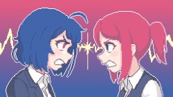 Rule 34 | 2girls, angry, blue eyes, blue hair, clenched teeth, collared shirt, commentary, confrontation, english commentary, eye contact, glaring, gradient background, hcnone, lightning glare, looking at another, multiple girls, original, pixel art, red eyes, red hair, shirt, short hair, simple background, skye (hcnone), sparks, teeth, upper body