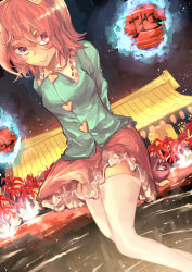 Rule 34 | 1girl, architecture, arms behind back, bad id, bad pixiv id, blue shirt, buttons, collared shirt, east asian architecture, former capital, heart button, komeiji satori, lantern, long sleeves, looking at viewer, paper lantern, pink eyes, pink hair, pink skirt, shirt, skirt, smile, solo, thighhighs, touhou, white thighhighs, zairen
