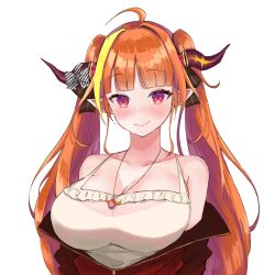 Rule 34 | 1girl, absurdres, ahoge, bare shoulders, black ribbon, blonde hair, blunt bangs, blush, bow, breasts, camisole, cleavage, closed mouth, collarbone, diagonal-striped bow, dragon girl, dragon horns, fangs, frilled camisole, frills, hair ribbon, highres, hololive, horn bow, horn ornament, horns, jacket, jewelry, kiryu coco, kiryu coco (loungewear), large breasts, long hair, looking at viewer, multicolored eyes, multicolored hair, off shoulder, official alternate costume, open clothes, open jacket, orange hair, partially unzipped, pendant, pointy ears, purple eyes, red eyes, red jacket, ribbon, see-through, sidelocks, simple background, skin fangs, smile, solo, spaghetti strap, streaked hair, striped, striped bow, sxdd93203, track jacket, twintails, upper body, virtual youtuber, white background, white camisole