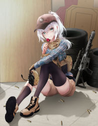 Rule 34 | 1girl, ammunition belt, ammunition pouch, assault rifle, asymmetrical legwear, baseball cap, black thighhighs, brown footwear, brown gloves, brown hat, brown shorts, camouflage scarf, candy, chinese commentary, first aid kit, floor, food, full body, gloves, green eyes, gun, hat, headphones, highres, holding, holding candy, holding food, holding headphones, holding lollipop, legs, lollipop, long hair, long sleeves, looking at viewer, military, on floor, open mouth, original, parted lips, plaid, plaid shirt, ponytail, pouch, rifle, seydlitz art, shell casing, shirt, shoes, shorts, single glove, smile, solo, thighhighs, tire, weapon, weapon request, white hair