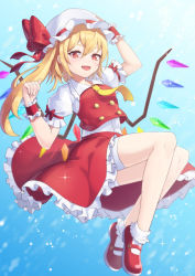 Rule 34 | 1girl, adapted costume, ascot, blonde hair, blue background, bow, breasts, buttons, crystal, fang, flandre scarlet, frilled shirt collar, frilled skirt, frilled sleeves, frills, full body, hat, highres, ling huanxiang, looking at viewer, medium hair, mob cap, one side up, puffy short sleeves, puffy sleeves, red bow, red eyes, red ribbon, red skirt, red vest, ribbon, shirt, short sleeves, skirt, skirt set, small breasts, smile, solo, touhou, vest, white shirt, wings, wrist cuffs, yellow ascot