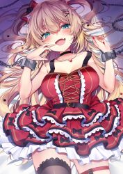 Rule 34 | 1girl, akai haato, akai haato (gothic lolita), aqua eyes, black choker, black thighhighs, blonde hair, blush, breasts, chain, choker, commentary, dress, fang, frilled dress, frills, gothic lolita, hair ornament, heart, heart hair ornament, highres, hololive, jewelry, large breasts, lolita fashion, long hair, lying, makinan, necklace, on back, open mouth, red dress, red nails, single thighhigh, solo, thigh strap, thighhighs, two side up, very long hair, virtual youtuber, wavy hair, x hair ornament, zettai ryouiki