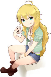 Rule 34 | 1girl, :q, ahoge, aqua eyes, bangle, belt, blonde hair, boots, bracelet, breasts, brown belt, brown footwear, butterfly necklace, closed mouth, collarbone, cropped jacket, crossed legs, cutoff jeans, cutoffs, dated, denim, denim shorts, dot nose, eating, food, food on face, full body, green jacket, hand in lap, highres, holding, holding food, hoshii miki, idolmaster, idolmaster (classic), jacket, jewelry, layered clothes, leaning forward, licking lips, long hair, looking at viewer, nagian, necklace, no socks, onigiri, pendant, rice, rice on face, short shorts, short sleeves, shorts, sitting, small breasts, smile, solo, tank top, tongue, tongue out, very long hair, wavy hair