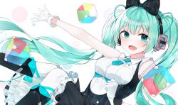 Rule 34 | 1girl, :d, absurdres, aqua eyes, aqua hair, bad id, bad pixiv id, black bow, black dress, black footwear, blush, boots, bow, breasts, cube, dress, feet out of frame, gloves, hair bow, hatsune miku, headphones, highres, knees together feet apart, knees up, long hair, looking at viewer, magical mirai (vocaloid), magical mirai miku, magical mirai miku (2016), medium breasts, moka 01, necktie, open mouth, outstretched arm, pantyhose, simple background, smile, solo, tie clip, twintails, very long hair, vocaloid, white background, white gloves, white pantyhose