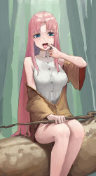 Rule 34 | 1girl, absurdres, bare shoulders, blue eyes, blush, commission, eyelashes, forest, highres, holding, holding staff, hwan (verypoor), log, long eyelashes, long hair, nature, open mouth, original, outdoors, pink hair, sitting, sitting on log, solo, staff, teeth, tongue, tongue out, tree, upper teeth only, very long hair