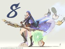 Rule 34 | 10s, 1girl, arrow (projectile), blue coat, blue hair, boots, bow (weapon), coat, copyright name, final fantasy, final fantasy xiv, high heels, long coat, official art, shirt, shoes, skirt, thigh boots, thighhighs, warrior of light (ff14), weapon, white shirt, winged footwear, wings