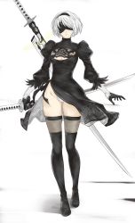 Rule 34 | 1girl, black dress, black footwear, black hairband, blindfold, boots, breasts, cleavage, cleavage cutout, clothing cutout, dress, full body, hairband, highres, holding, holding sword, holding weapon, leotard, long sleeves, mole, mole under mouth, nier (series), nier:automata, rei kun, short hair, smile, solo, standing, sword, thigh boots, thighhighs, thighhighs under boots, weapon, white hair, white leotard, 2b (nier:automata)