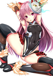 Rule 34 | 1girl, armpits, arms behind head, arms up, black thighhighs, breasts, cosplay, covered erect nipples, covered navel, ebi 193, fishnets, fox mask, fur, gluteal fold, hata no kokoro, highres, long hair, looking at viewer, mask, mizuki yukikaze (cosplay), pale skin, partially visible vulva, pink eyes, pink hair, simple background, small breasts, solo, spread legs, taimanin (series), taimanin asagi, taimanin suit, thighhighs, touhou, white background